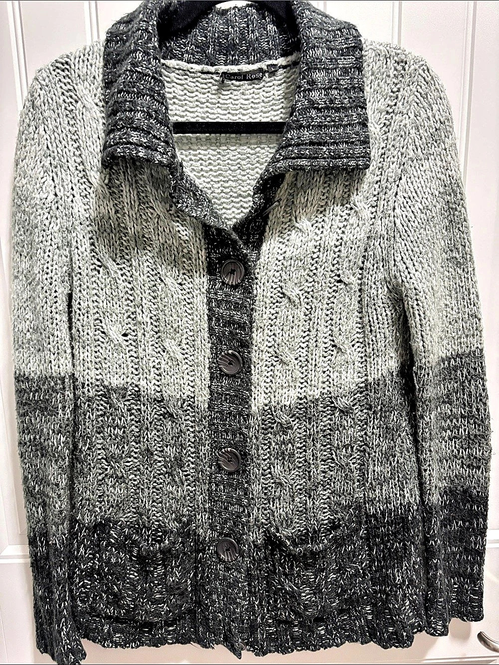 Carol Rose L Gray Black Cable Knit Cardigan Sweater Button Front